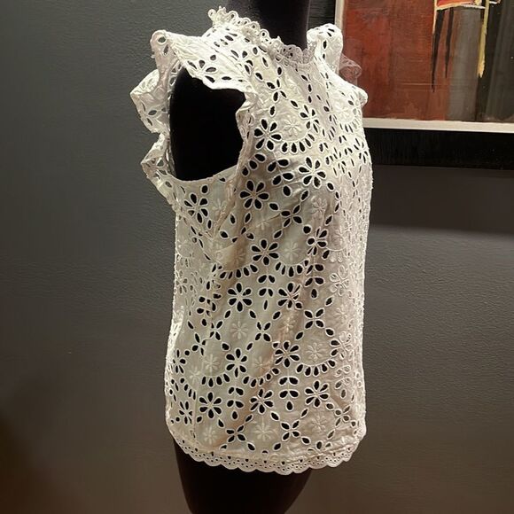 J. Crew mock neck top in allover embroidered eyelet ruffle trim top. NWT. XS. - Picture 5 of 8